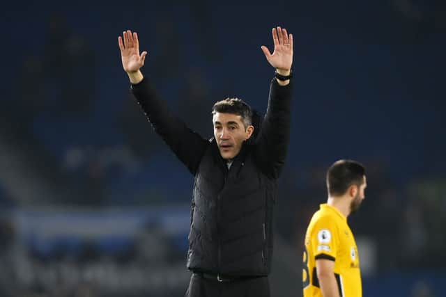 Bruno Lage, Manager of Wolverhampton Wanderers interacts with the crowd following the Premier League match between Brighton & Hove Albion and Wolverhampton Wanderer