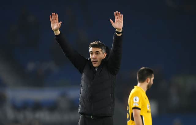 Bruno Lage, Manager of Wolverhampton Wanderers interacts with the crowd following the Premier League match between Brighton & Hove Albion and Wolverhampton Wanderer