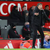 Bruno Lage, Manager of Wolverhampton Wanderers shouts instructions during the Premier League match between Manchester United and Wolverhampton Wanderers at Old Trafford 