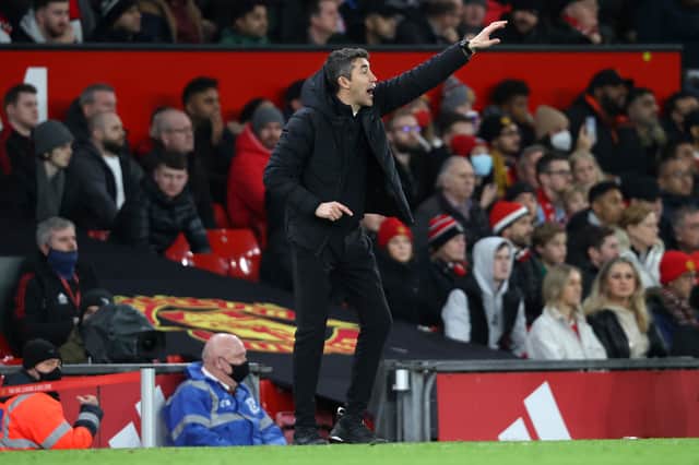 <p>Bruno Lage, Manager of Wolverhampton Wanderers gives their side instructions during the Premier League match between Manchester United and Wolverhampton Wanderers</p>
