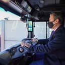 Labour leader Sir Keir Starmer views a hydrogen powered bus during a tour of Tyseley Energy Park 