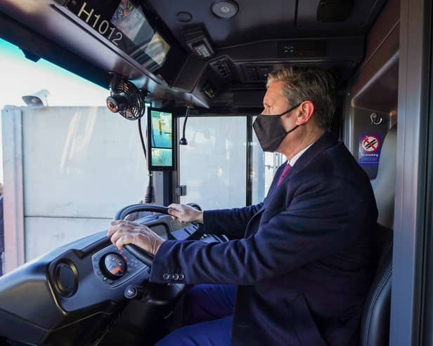 Labour leader Sir Keir Starmer views a hydrogen powered bus during a tour of Tyseley Energy Park 