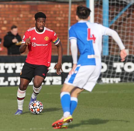 Teden Mengi of Manchester United U23s in action during the Premier League 2 match between Blackburn Rovers U23s (Photo by John Peters/Manchester United via Getty Images)