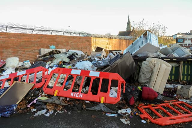 Piles of flytipped rubbish dumped on Ford Street in Hockley, near to Birmingham’s historic Jewellery Quarter