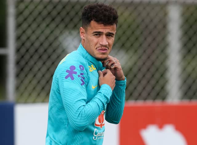 <p>Philippe Coutinho of Brazil looks on during a training session ahead of FIFA Qatar 2022 Qualifiers match against Colombia on November 10, 2021</p>