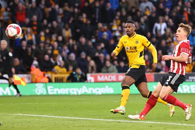 Nelson Semedo of Wolverhampton Wanderers scores their team's second goal during the Emirates FA Cup Third Round match between Wolverhampton Wanderers and Sheffield United at Molineux