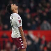 Aston Villa's English striker Ollie Watkins reacts after his goal is disallowed for offside during the English FA Cup third round football match between Manchester United and Aston Villa at Old Trafford