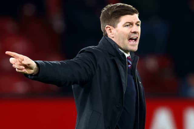 Steven Gerrard, Manager of Aston Villa reacts during the Emirates FA Cup Third Round match between Manchester United and Aston Villa at Old Trafford