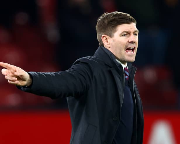 Steven Gerrard, Manager of Aston Villa reacts during the Emirates FA Cup Third Round match between Manchester United and Aston Villa at Old Trafford