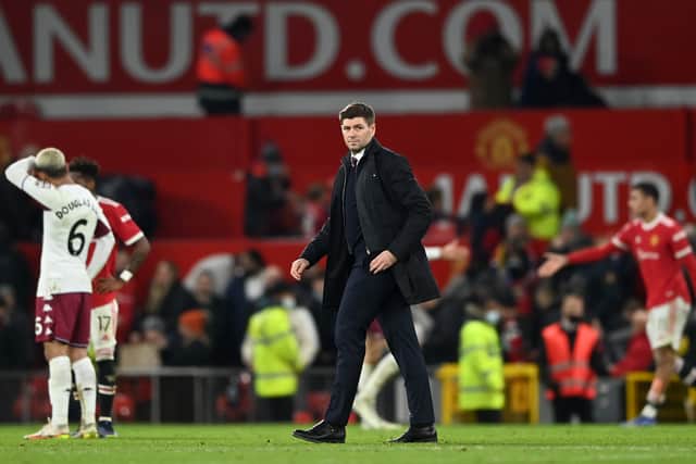 Steven Gerrard, Manager of Aston Villa reacts after the Emirates FA Cup Third Round match between Manchester United and Aston Villa at Old Trafford