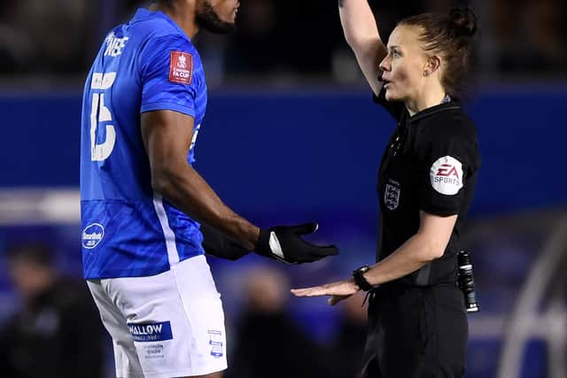 Chuks Aneke of Birmingham City reacts towards Match Referee Rebecca Welch during the Emirates FA Cup Third Round match between Birmingham City and Plymouth Argyle