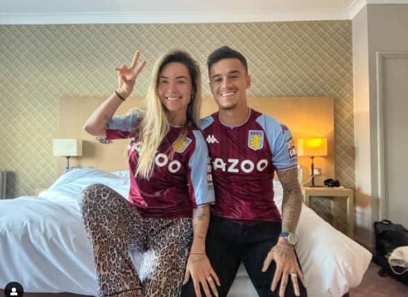Philippe Coutinho’s wife Ainê shares a shot of the couple in Aston Villa shirts as his six month signing to the club is confirmed