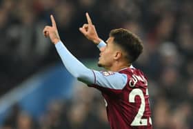 Philippe Coutinho of Aston Villa celebrates after scoring their side's second goal during the Premier League match between Aston Villa and Manchester United at Villa Park