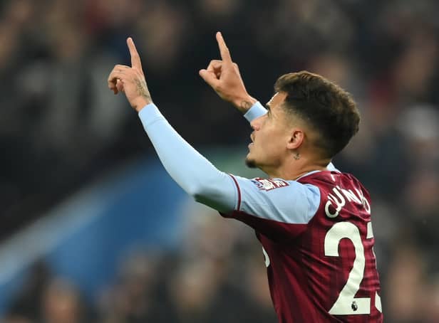 <p>Philippe Coutinho of Aston Villa celebrates after scoring their side's second goal during the Premier League match between Aston Villa and Manchester United at Villa Park</p>