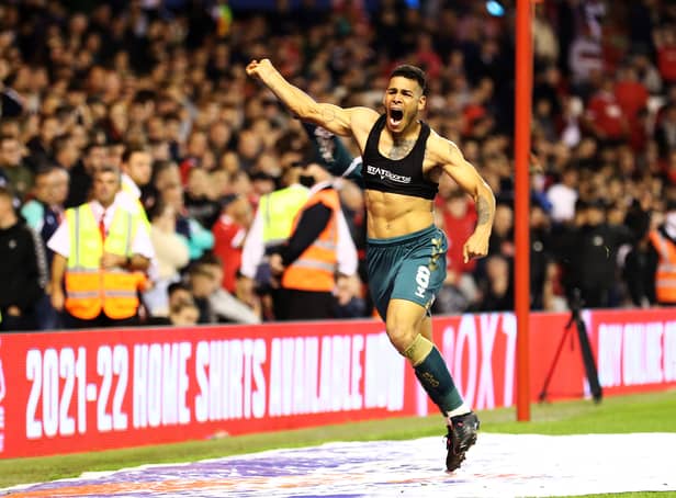 <p>Onel Hernandez of Middlesbrough celebrates scoring his teams second goal during the Sky Bet Championship match between Nottingham Forest and Middlesbrough at City Ground</p>
