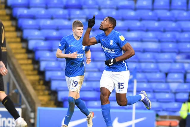 Chuks Aneke of Birmingham City celebrates scoring their first goal during the Sky Bet Championship match between Birmingham City and Queens Park Rangers at St Andrew's