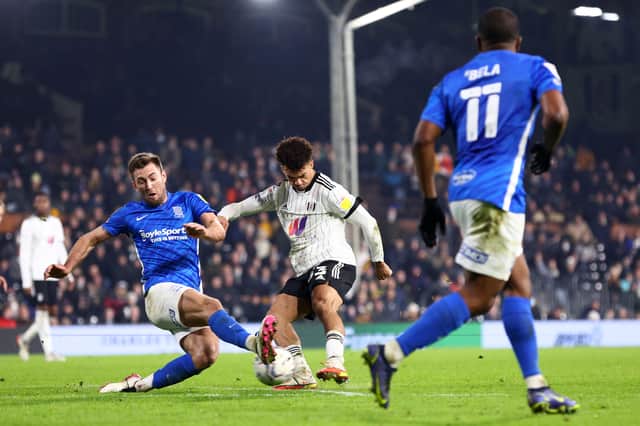 Antonee Robinson of Fulham (C) scores their team's sixth goal during the Sky Bet Championship match between Fulham and Birmingham City at Craven Cottage