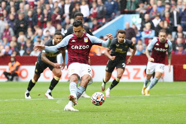 Anwar El Ghazi of Aston Villa scores their side's second goal from the penalty spot during the Premier League match between Aston Villa and Newcastle United at Villa Park