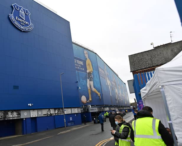 A temporary Covid-19 testing centre is pictured outside Goodison Park stadium in Liverpool, north west England on January 2, 2022, ahead of the English Premier League football match between Everton and Brighton and Hove Albion