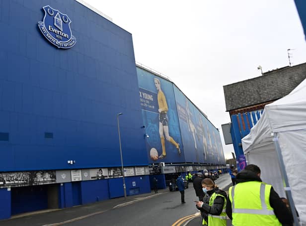 A temporary Covid-19 testing centre is pictured outside Goodison Park stadium in Liverpool, north west England on January 2, 2022, ahead of the English Premier League football match between Everton and Brighton and Hove Albion