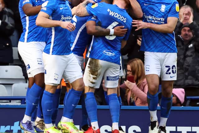 Birmingham City players celebrate the opening goal during the Sky Bet Championship match between Birmingham City and Barnsley at St Andrew's Trillion Trophy Stadium