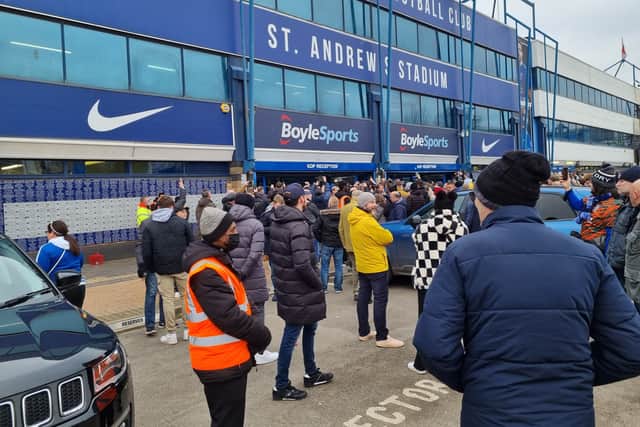 Birmingham City fans gathered outside the Kop at St Andrew’s prior to kick off to protest 