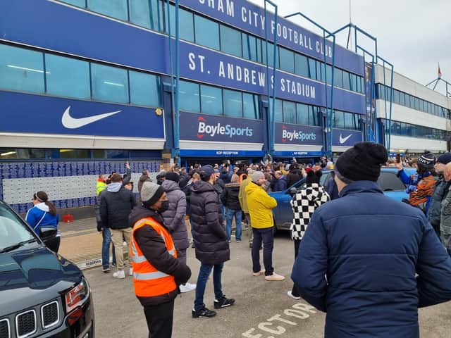 Birmingham City fans gathered outside the Kop at St Andrew’s prior to kick off to protest 