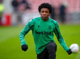 Jaden Philogene-Bidace warms up for Stoke on Saturday. Picture: Malcolm Couzens/Getty Images.