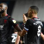 Semi Ajayi of West Bromwich Albion celebrates scoring his team's first goal with teammate Jake Livermore during the Sky Bet Championship match between Peterborough United and West Bromwich Albion