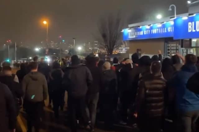 Around 200 Blues fans marched from the Tilton Road end up to St Andrew’s in protest last night (Photos from The Tilton Two podcast)