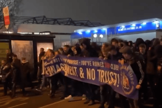 Around 200 Blues fans marched from the Tilton Road end up to St Andrew’s in protest last night (Photos from The Tilton Two podcast)