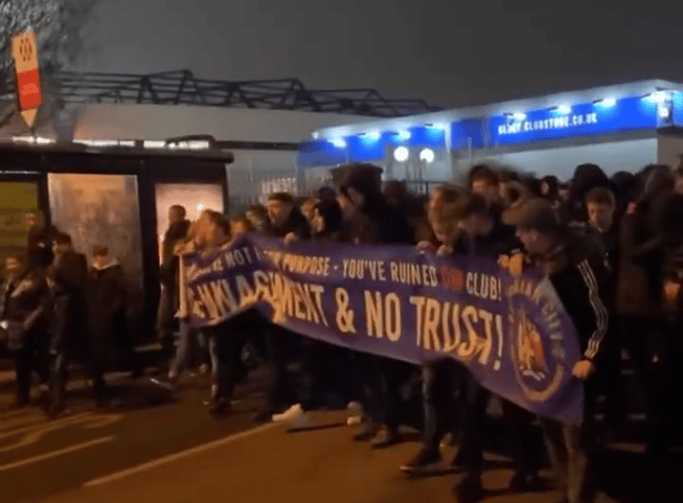 <p>Around 200 Blues fans marched from the Tilton Road end up to St Andrew’s in protest last night (Photos from The Tilton Two podcast)</p>