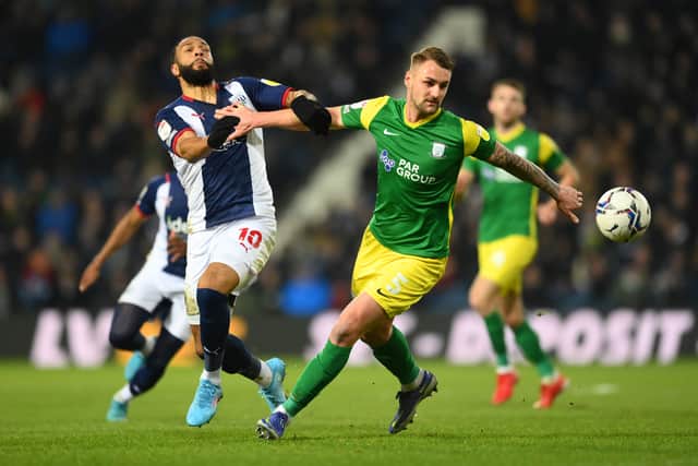 Patrick Bauer of Preston North End battles for possession with Matt Phillips of West Bromwich Albion during the Sky Bet Championship match between West Bromwich Albion and Preston North End at The Hawthorns