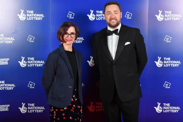  The Fallen Angels co-founder Claire Kitcher with Jason Manford at The National Lottery’s Big Night of Musicals