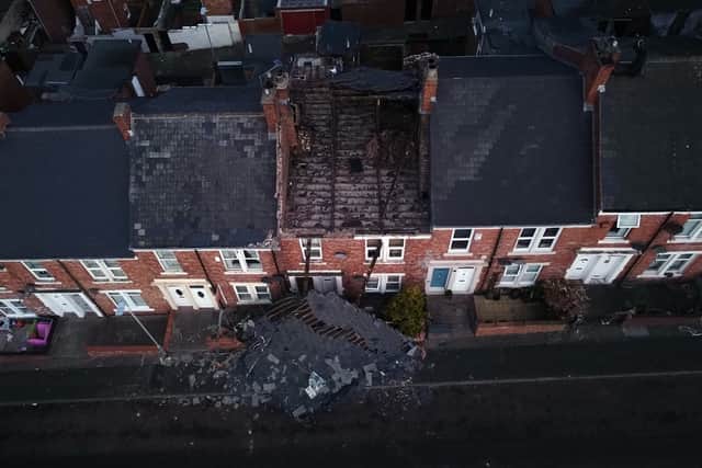A house on Overhill terrace in Bensham, Gateshead, lost its roof after strong winds from Storm Malik battered northern parts of the UK (image: PA)