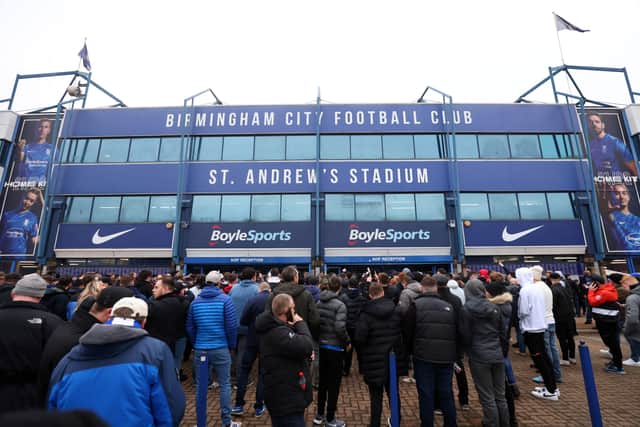 Blues fans protest outside the stadium prior to the Championship match between Birmingham City and Barnsley (Photo by Marc Atkins/Getty Images)