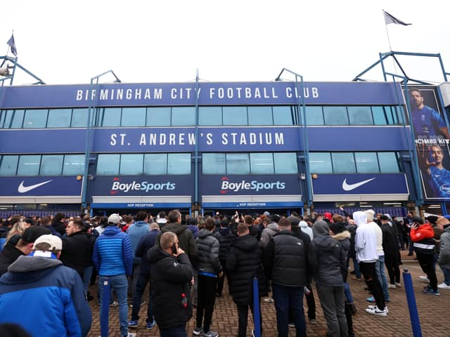Blues fans protest outside the stadium prior to the Championship match between Birmingham City and Barnsley (Photo by Marc Atkins/Getty Images)