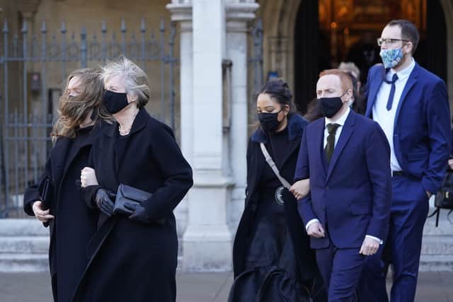 MP Harriet Harman, the widow of Labour MP Jack Dromey, (second left) leaves St Margaret's Church in Westminster, London, following his funeral service. Picture date: Wednesday January 26, 2022.
