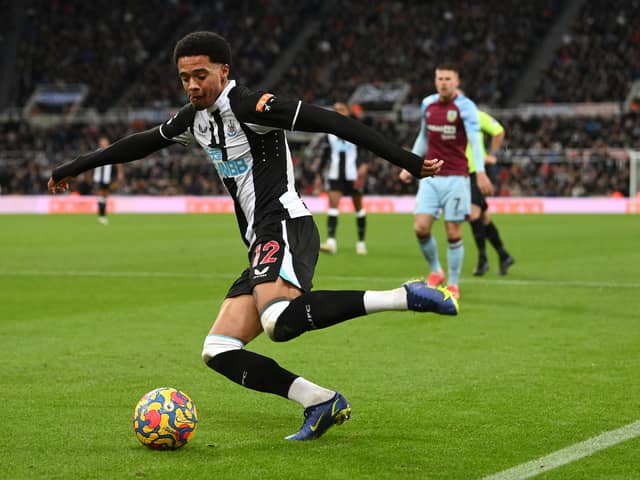 Newcastle player Jamal Lewis in action during the Premier League match between Newcastle United and Burnley at St. James Park on December 04, 2021 in Newcastle upon Tyne, England