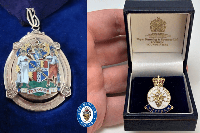 A Mayor’s Award medal (L) and a veteran’s badge (R) have been stolen