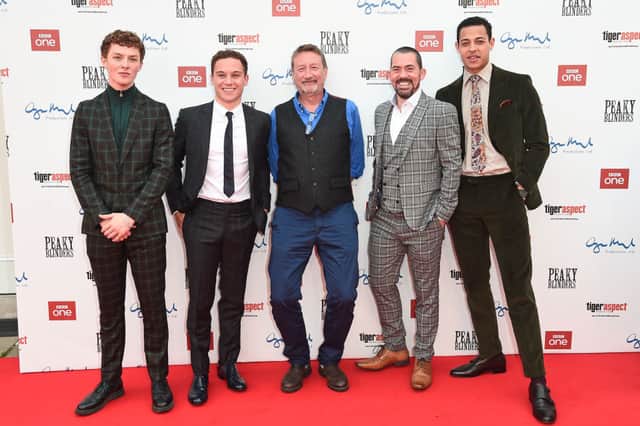 Harry Kirton, Finn Cole, Steven Knight, Packy Lee and Daryl McCormack attend the premiere of the 5th season of "Peaky Blinders" at Birmingham Town Hall on July 18, 2019 in Birmingham, England. (Photo by Eamonn M. McCormack/Getty Images)
