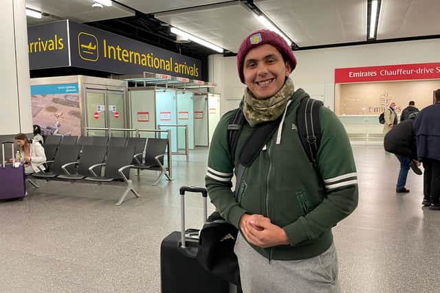 Haider Ali, 21, from Birmingham, arrives at Gatwick from Ukraine, where he studies at a medical university