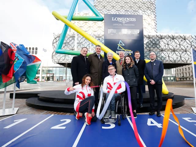  David Grevemberg, Chief Executive of the Commonwealth Games Federation, Ian Reid, Chief Executive Officer at Birmingham and Andy Street, with Athletics para-athlete Nathan Maguire of Team England (Photo by Miles Willis/Getty Images for Birmingham 2022)