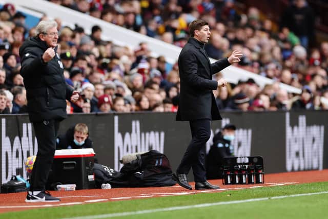 Steven Gerrard, manager of Aston Villa, reacts during the Premier League match between Aston Villa and Watford at Villa Park on February 19, 2022.
