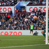 Emmanuel Dennis, of Watford , scores the first goal during the Premier League match between Aston Villa and Watford at Villa Park on February 19, 2022.
