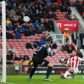 Jacob Brown, of Stoke City, misses a shot during the Sky Bet Championship match between Stoke City and Birmingham City at Bet365 Stadium on February 19, 2022.