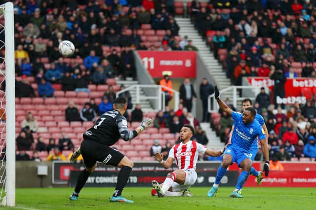 Jacob Brown, of Stoke City, misses a shot during the Sky Bet Championship match between Stoke City and Birmingham City at Bet365 Stadium on February 19, 2022.