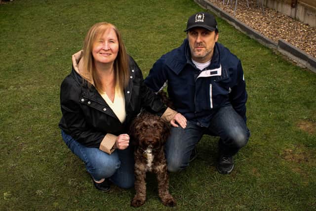 Miryacle recovery pup Mylo with Jason and Pauline Carter following his treatment at Willows Veterinary Centre and Referral Service in Solihull