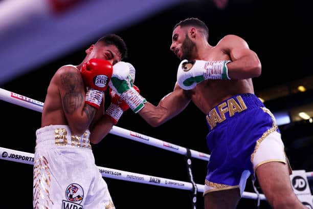 Galal Yafai lands an upper cut on Carlos Vado Bautista at London’s O2 Arena. Picture: James Chance/Getty Images.