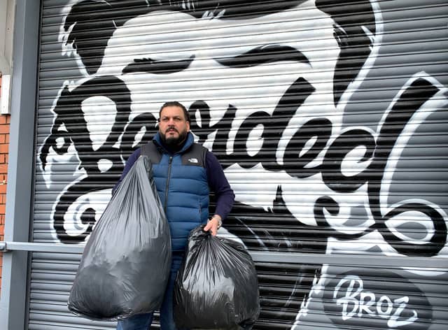 Imran Hameed, founder of the volunteer group Bearded Broz in Smethwick, with some donations of clothing to send to Ukrainians fleeing into Poland following the Russian invasion